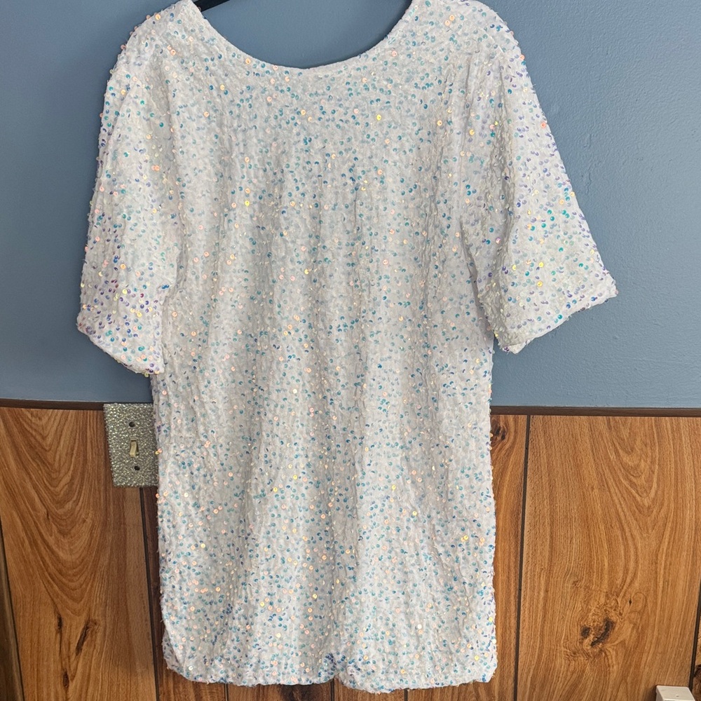 White Sequin Short Sleeve Dress